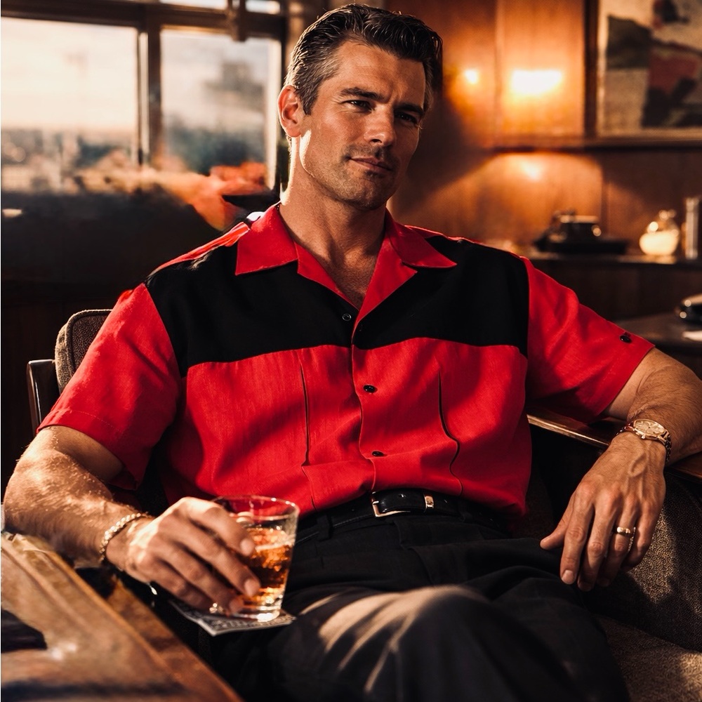 Vintage 90’s BC Ethic Red Black Button Down Shirt Mad Men Retro RARE Size Large